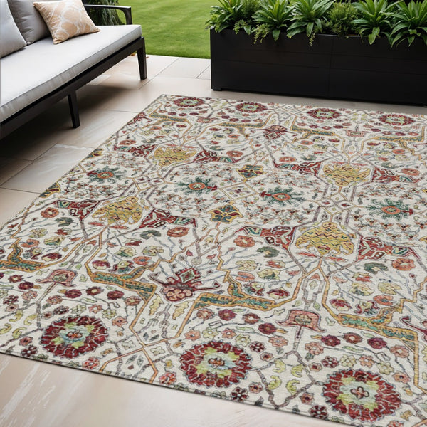 HomeRoots 5' Elegant Ivory Red Green Floral Washable Area Rug for Indoor Outdoor Spaces - Durable & Stylish 5' X 8' 604648