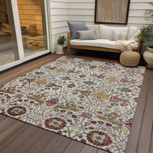 HomeRoots 5' Elegant Ivory Red Green Floral Washable Area Rug for Indoor Outdoor Spaces - Durable & Stylish 5' X 8' 604648