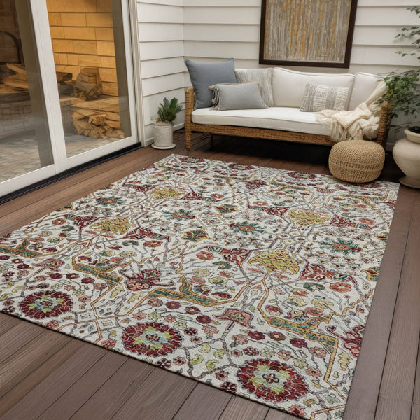 HomeRoots 5' Elegant Ivory Red Green Floral Washable Area Rug for Indoor Outdoor Spaces - Durable & Stylish 5' X 8' 604648