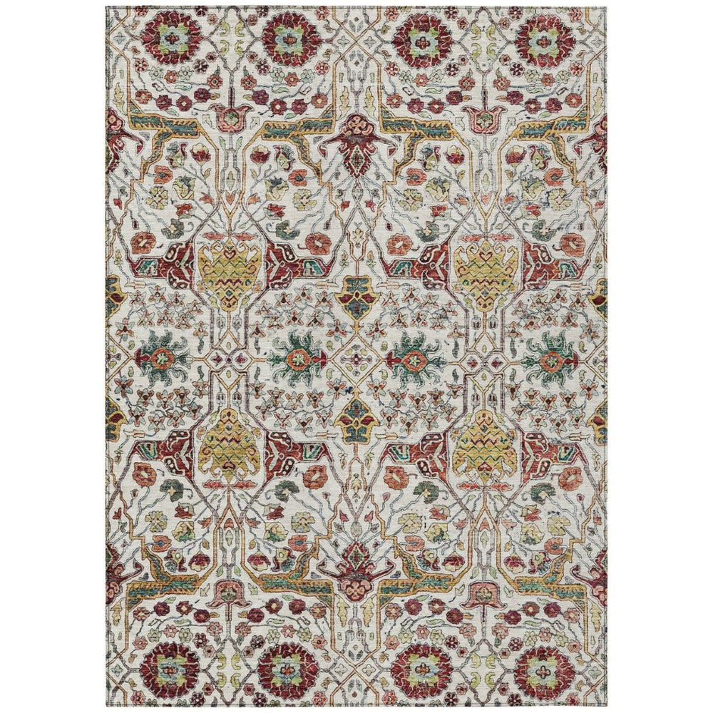 HomeRoots 5' Elegant Ivory Red Green Floral Washable Area Rug for Indoor Outdoor Spaces - Durable & Stylish 5' X 8' 604648