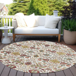 HomeRoots 5' Elegant Ivory Red Green Floral Washable Area Rug for Indoor Outdoor Spaces - Durable & Stylish 8' Round 604649