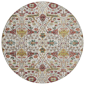 HomeRoots 5' Elegant Ivory Red Green Floral Washable Area Rug for Indoor Outdoor Spaces - Durable & Stylish 8' Round 604649