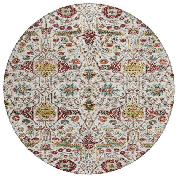 HomeRoots 5' Elegant Ivory Red Green Floral Washable Area Rug for Indoor Outdoor Spaces - Durable & Stylish 8' Round 604649