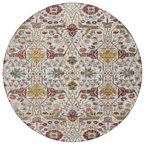 HomeRoots 5' Elegant Ivory Red Green Floral Washable Area Rug for Indoor Outdoor Spaces - Durable & Stylish 8' Round 604649