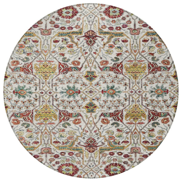 HomeRoots 5' Elegant Ivory Red Green Floral Washable Area Rug for Indoor Outdoor Spaces - Durable & Stylish 8' Round 604649