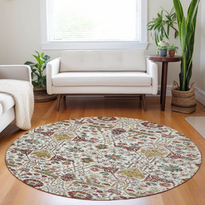 HomeRoots 5' Elegant Ivory Red Green Floral Washable Area Rug for Indoor Outdoor Spaces - Durable & Stylish 8' Round 604649