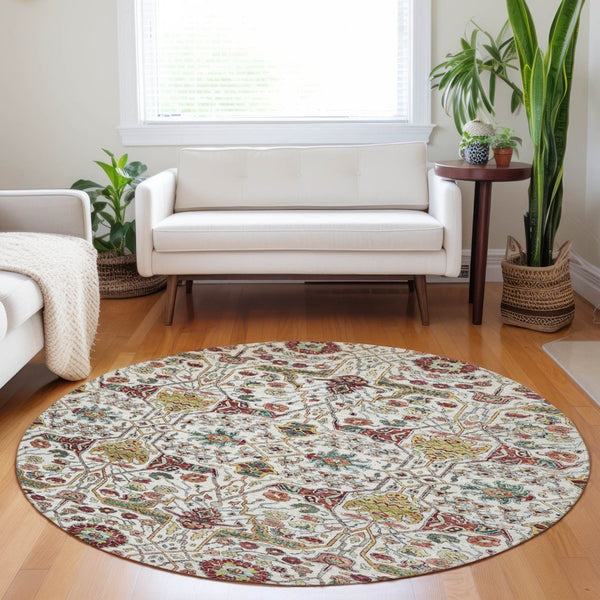 HomeRoots 5' Elegant Ivory Red Green Floral Washable Area Rug for Indoor Outdoor Spaces - Durable & Stylish 8' Round 604649