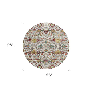 HomeRoots 5' Elegant Ivory Red Green Floral Washable Area Rug for Indoor Outdoor Spaces - Durable & Stylish 8' Round 604649