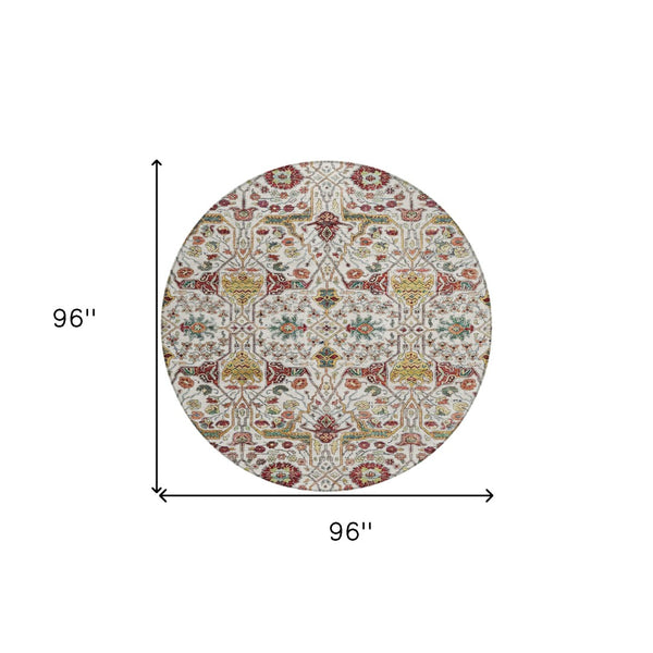 HomeRoots 5' Elegant Ivory Red Green Floral Washable Area Rug for Indoor Outdoor Spaces - Durable & Stylish 8' Round 604649
