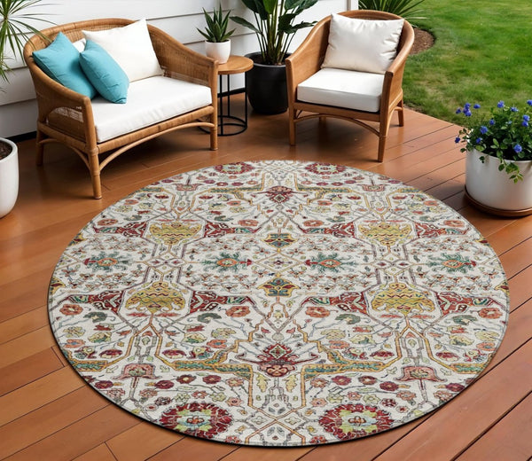 HomeRoots 5' Elegant Ivory Red Green Floral Washable Area Rug for Indoor Outdoor Spaces - Durable & Stylish 8' Round 604649