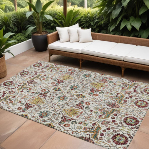HomeRoots 5' Elegant Ivory Red Green Floral Washable Area Rug for Indoor Outdoor Spaces - Durable & Stylish 8' X 10' 604650