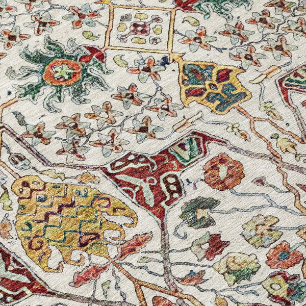 HomeRoots 5' Elegant Ivory Red Green Floral Washable Area Rug for Indoor Outdoor Spaces - Durable & Stylish 8' X 10' 604650