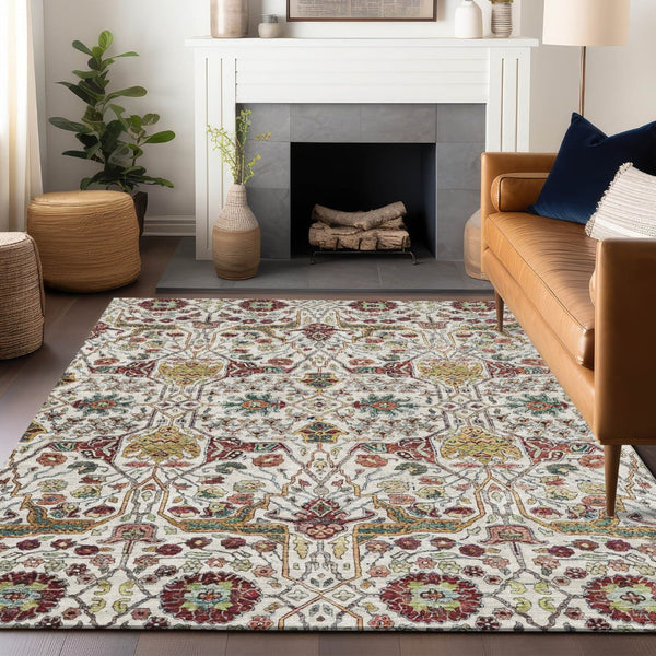 HomeRoots 5' Elegant Ivory Red Green Floral Washable Area Rug for Indoor Outdoor Spaces - Durable & Stylish 8' X 10' 604650