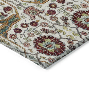 HomeRoots 5' Elegant Ivory Red Green Floral Washable Area Rug for Indoor Outdoor Spaces - Durable & Stylish 10' X 14' 604652