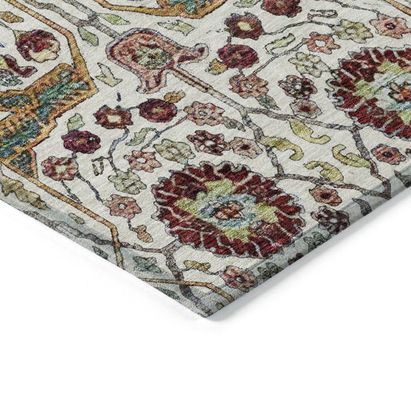 HomeRoots 5' Elegant Ivory Red Green Floral Washable Area Rug for Indoor Outdoor Spaces - Durable & Stylish 10' X 14' 604652