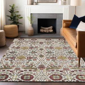 HomeRoots 5' Elegant Ivory Red Green Floral Washable Area Rug for Indoor Outdoor Spaces - Durable & Stylish 10' X 14' 604652