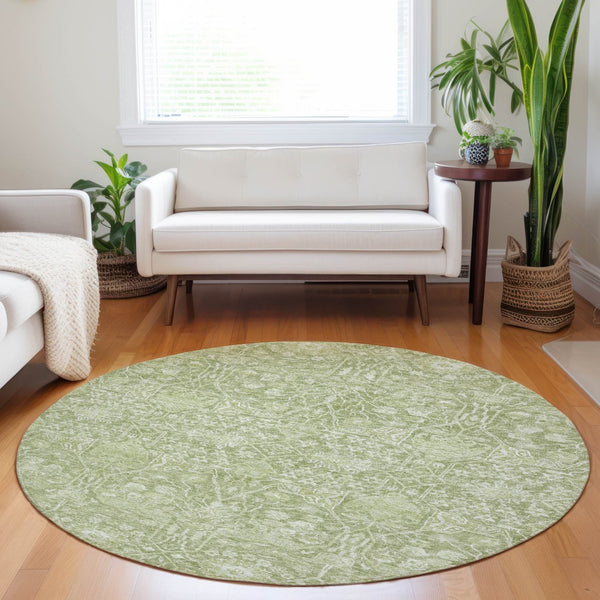Homeroots 3' Artichoke Green And Ivory Floral Area Rug – Stylish, Washable, Indoor/Outdoor Design For Any Space 8' Round Polyester 604655