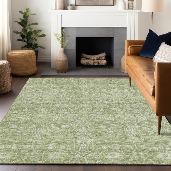 Homeroots 3' Artichoke Green And Ivory Floral Area Rug – Stylish, Washable, Indoor/Outdoor Design For Any Space 8' X 10' Polyester 604656