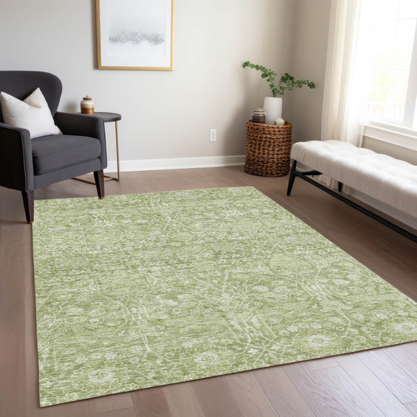 Homeroots 3' Artichoke Green And Ivory Floral Area Rug – Stylish, Washable, Indoor/Outdoor Design For Any Space 9' X 12' Polyester 604657