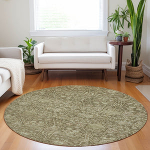 Homeroots 3' Artichoke Green And Ivory Floral Area Rug – Stylish, Washable, Indoor/Outdoor Design For Any Space 8' Round Polyester 604661