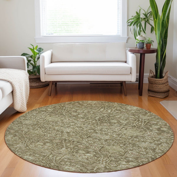 Homeroots 3' Artichoke Green And Ivory Floral Area Rug – Stylish, Washable, Indoor/Outdoor Design For Any Space 8' Round Polyester 604661