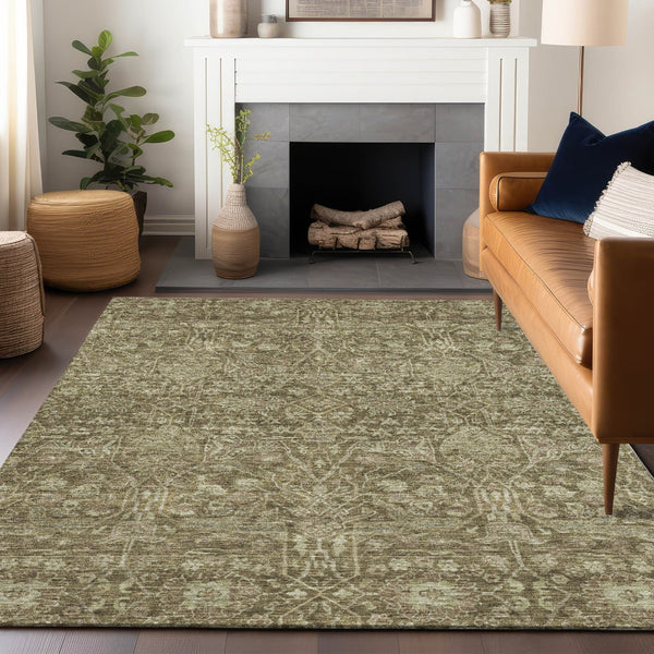 Homeroots 3' Artichoke Green And Ivory Floral Area Rug – Stylish, Washable, Indoor/Outdoor Design For Any Space 8' X 10' Polyester 604662