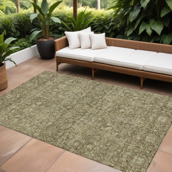 Homeroots 3' Artichoke Green And Ivory Floral Area Rug – Stylish, Washable, Indoor/Outdoor Design For Any Space 10' X 14' Polyester 604664