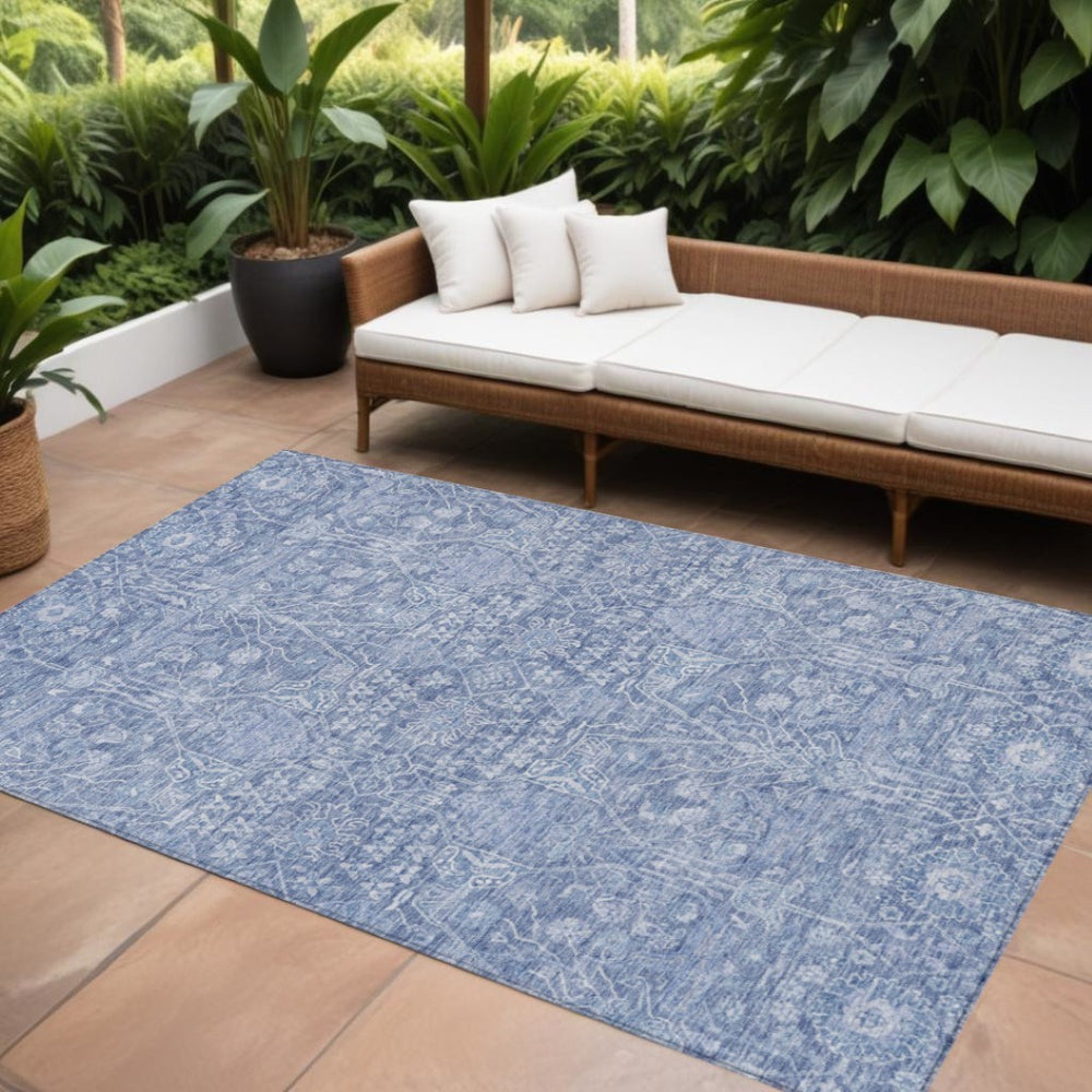 HomeRoots 9' X 12' Denim Blue Floral Area Rug - Stylish, Washable, Durable for Indoor & Outdoor Spaces 604675