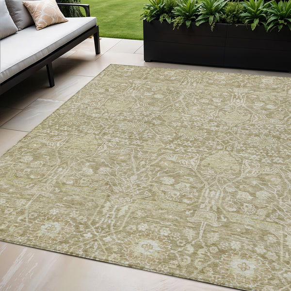 Homeroots 3' Artichoke Green And Ivory Floral Area Rug – Stylish, Washable, Indoor/Outdoor Design For Any Space 5' X 8' Polyester 604684