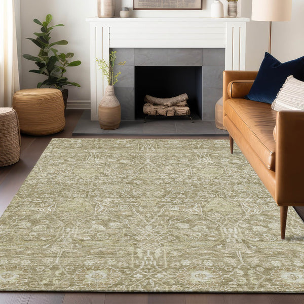 Homeroots 3' Artichoke Green And Ivory Floral Area Rug – Stylish, Washable, Indoor/Outdoor Design For Any Space 8' X 10' Polyester 604686