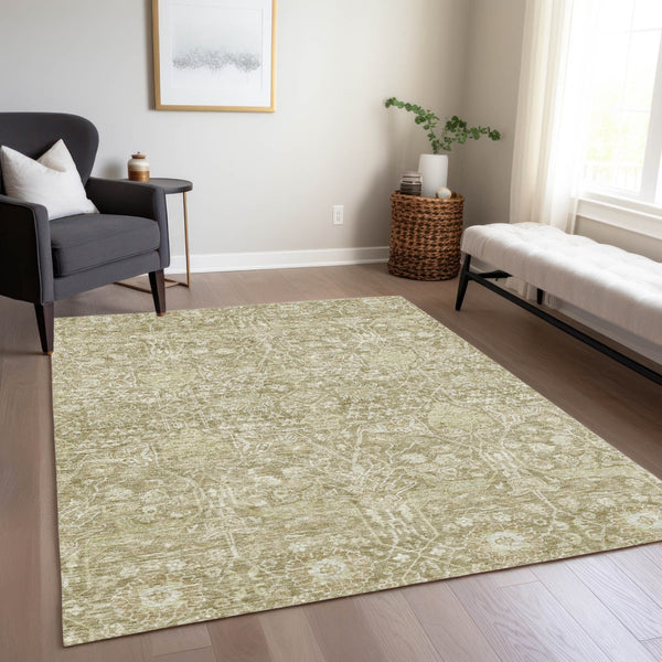 Homeroots 3' Artichoke Green And Ivory Floral Area Rug – Stylish, Washable, Indoor/Outdoor Design For Any Space 10' X 14' Polyester 604688