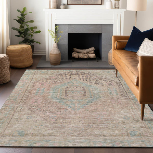 Homeroots 3' Stylish Pink And Sky Blue Oriental Washable Area Rug For Indoor And Outdoor Spaces, Durable Design 3' X 5' Polyester 604689