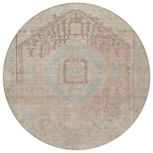 Homeroots 3' Stylish Pink And Sky Blue Oriental Washable Area Rug For Indoor And Outdoor Spaces, Durable Design 8' Round Polyester 604691