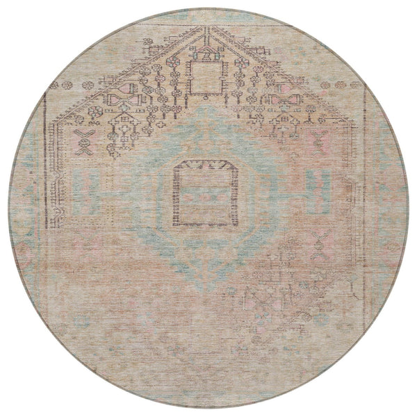 Homeroots 3' Stylish Pink And Sky Blue Oriental Washable Area Rug For Indoor And Outdoor Spaces, Durable Design 8' Round Polyester 604691