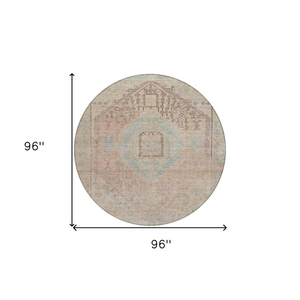 Homeroots 3' Stylish Pink And Sky Blue Oriental Washable Area Rug For Indoor And Outdoor Spaces, Durable Design 8' Round Polyester 604691