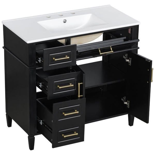 English Elm 36 Inch Freestanding Bathroom Vanity Sage Pine Cabinet Gold Hardware Ceramic Sink Black N725P366466B