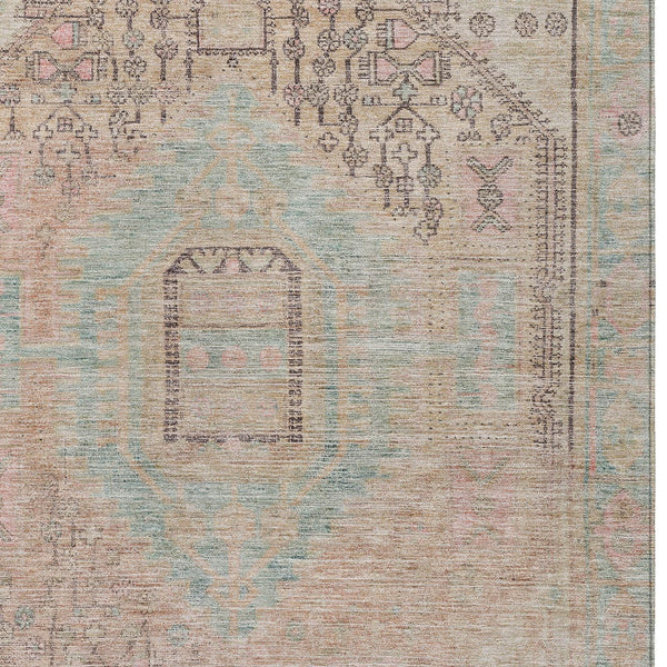 Homeroots 3' Stylish Pink And Sky Blue Oriental Washable Area Rug For Indoor And Outdoor Spaces, Durable Design 9' X 12' Polyester 604693