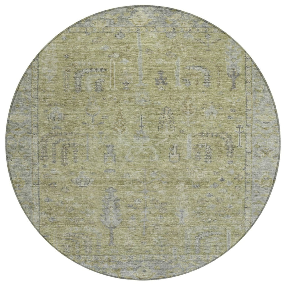 HomeRoots 5' Artichoke Green and Gray Oriental Area Rug - Stylish, Washable Design for Indoor and Outdoor Spaces 8' Round 604703
