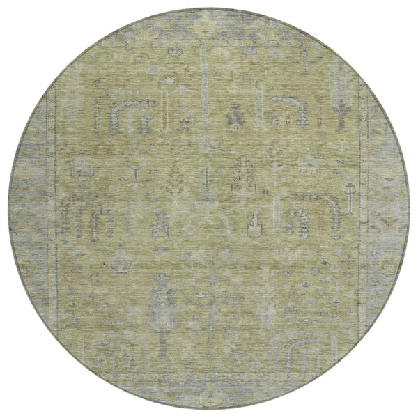 HomeRoots 5' Artichoke Green and Gray Oriental Area Rug - Stylish, Washable Design for Indoor and Outdoor Spaces 8' Round 604703
