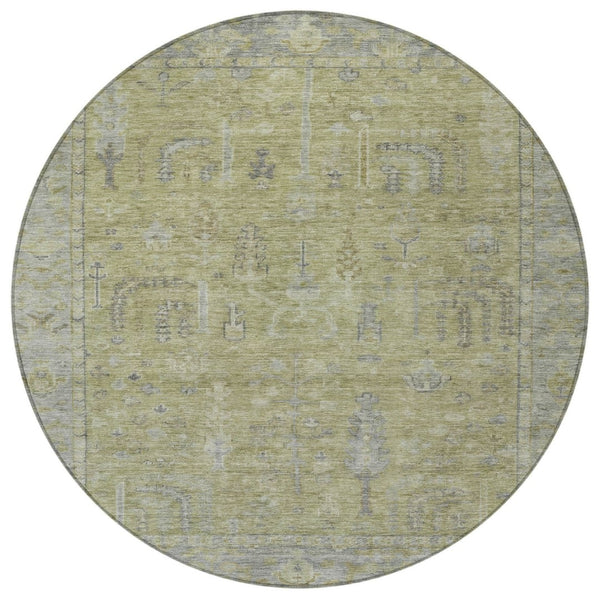 HomeRoots 5' Artichoke Green and Gray Oriental Area Rug - Stylish, Washable Design for Indoor and Outdoor Spaces 8' Round 604703