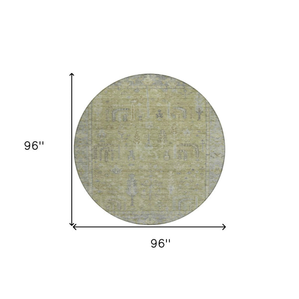 HomeRoots 5' Artichoke Green and Gray Oriental Area Rug - Stylish, Washable Design for Indoor and Outdoor Spaces 8' Round 604703