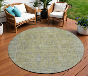HomeRoots 5' Artichoke Green and Gray Oriental Area Rug - Stylish, Washable Design for Indoor and Outdoor Spaces 8' Round 604703