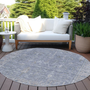 HomeRoots 5' Denim Blue and Gray Oriental Area Rug - Stylish, Durable, and Washable for Indoor/Outdoor Use 8' Round 604715