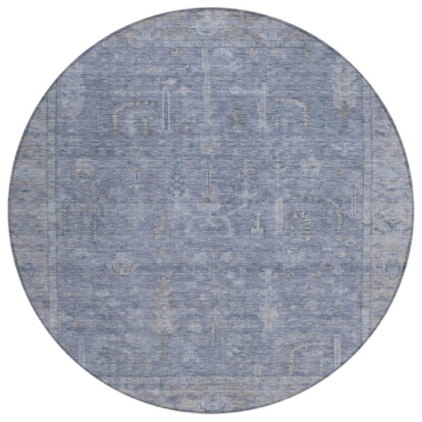 HomeRoots 5' Denim Blue and Gray Oriental Area Rug - Stylish, Durable, and Washable for Indoor/Outdoor Use 8' Round 604715