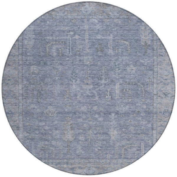 HomeRoots 5' Denim Blue and Gray Oriental Area Rug - Stylish, Durable, and Washable for Indoor/Outdoor Use 8' Round 604715