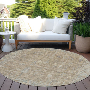 HomeRoots 5' Elegant Tan Gray Brown Oriental Washable Area Rug for Indoor Outdoor Spaces - Durable Style! 8' Round 604721