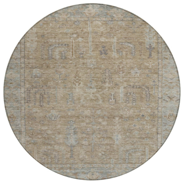 HomeRoots 5' Elegant Tan Gray Brown Oriental Washable Area Rug for Indoor Outdoor Spaces - Durable Style! 8' Round 604721