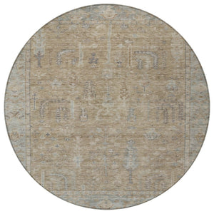 HomeRoots 5' Elegant Tan Gray Brown Oriental Washable Area Rug for Indoor Outdoor Spaces - Durable Style! 8' Round 604721