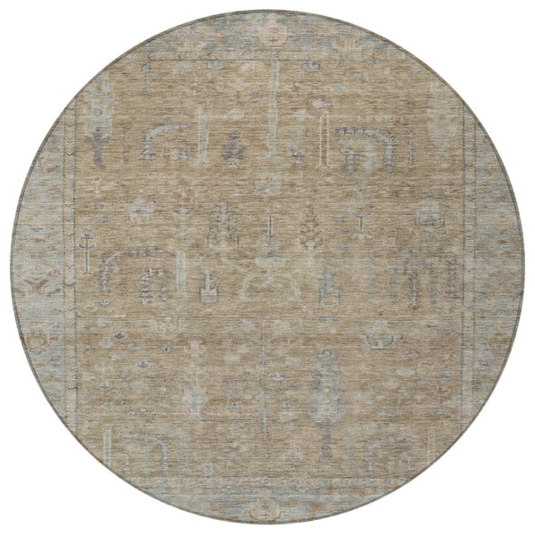 HomeRoots 5' Elegant Tan Gray Brown Oriental Washable Area Rug for Indoor Outdoor Spaces - Durable Style! 8' Round 604721
