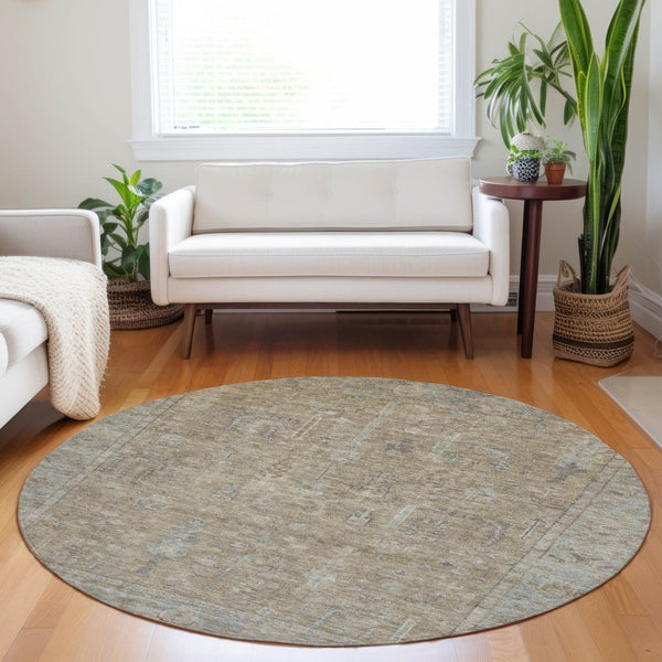 HomeRoots 5' Elegant Tan Gray Brown Oriental Washable Area Rug for Indoor Outdoor Spaces - Durable Style! 8' Round 604721